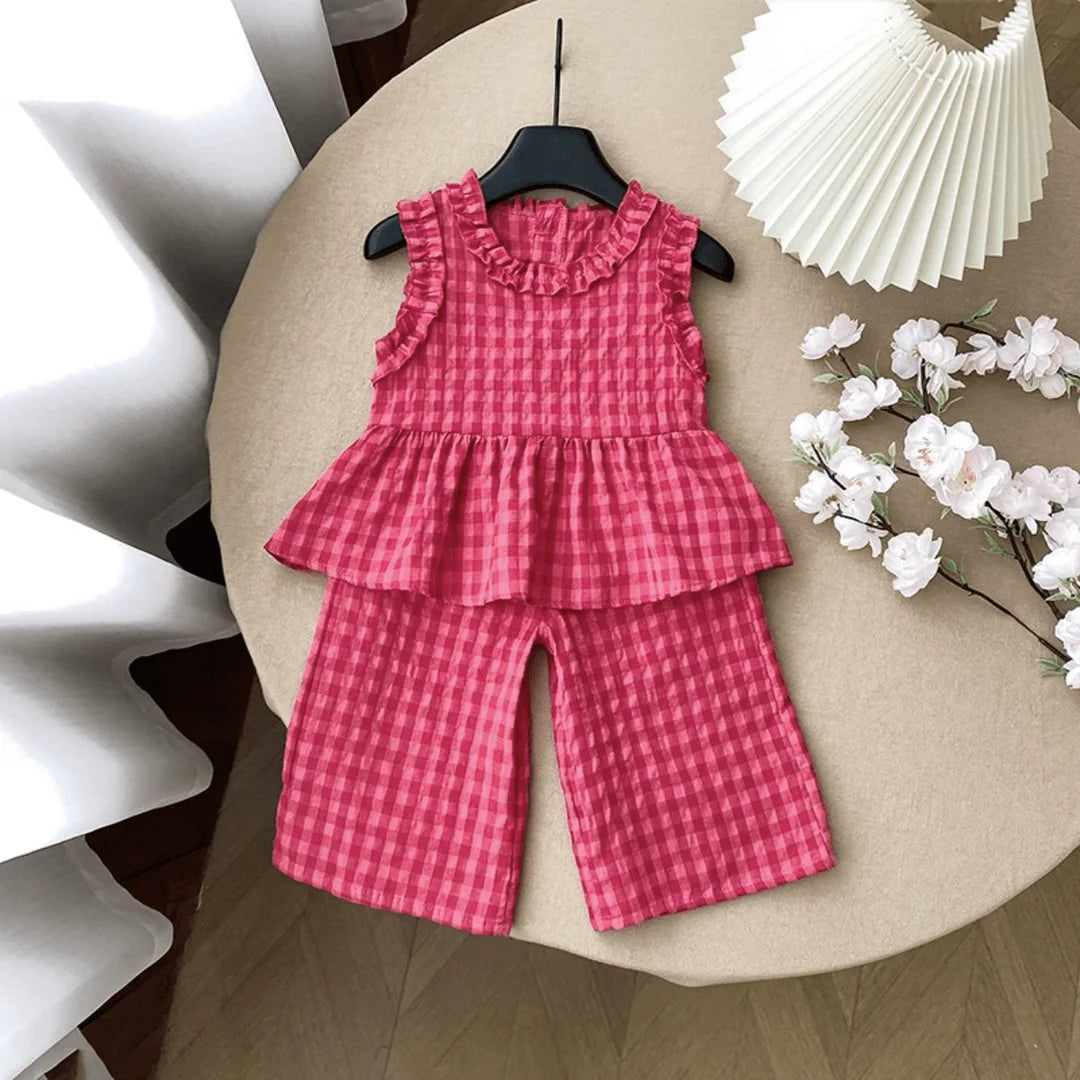 Children's Clothing Sets Plaid Print Lace Sleeveless