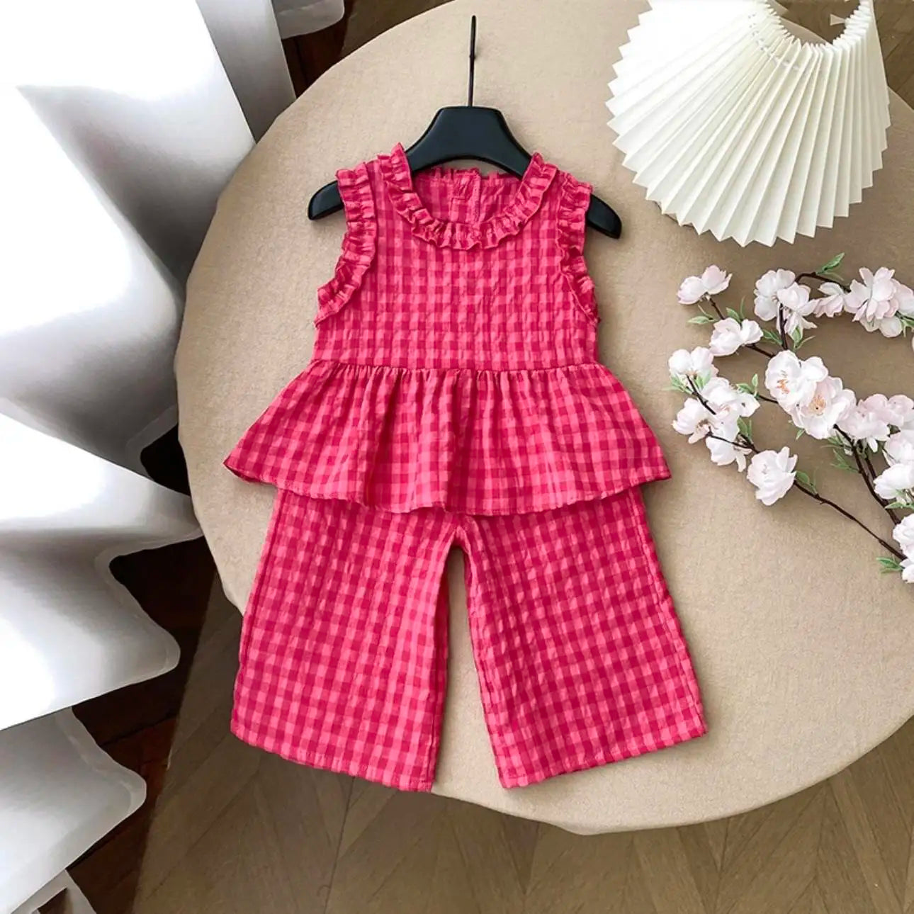 Children's Clothing Sets Plaid Print Lace Sleeveless