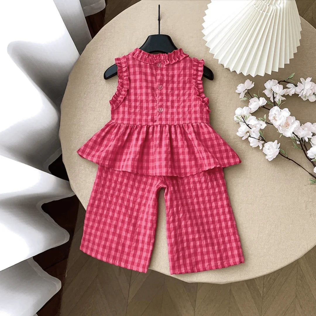 Children's Clothing Sets Plaid Print Lace Sleeveless