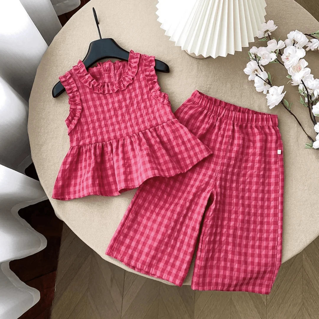 Children's Clothing Sets Plaid Print Lace Sleeveless