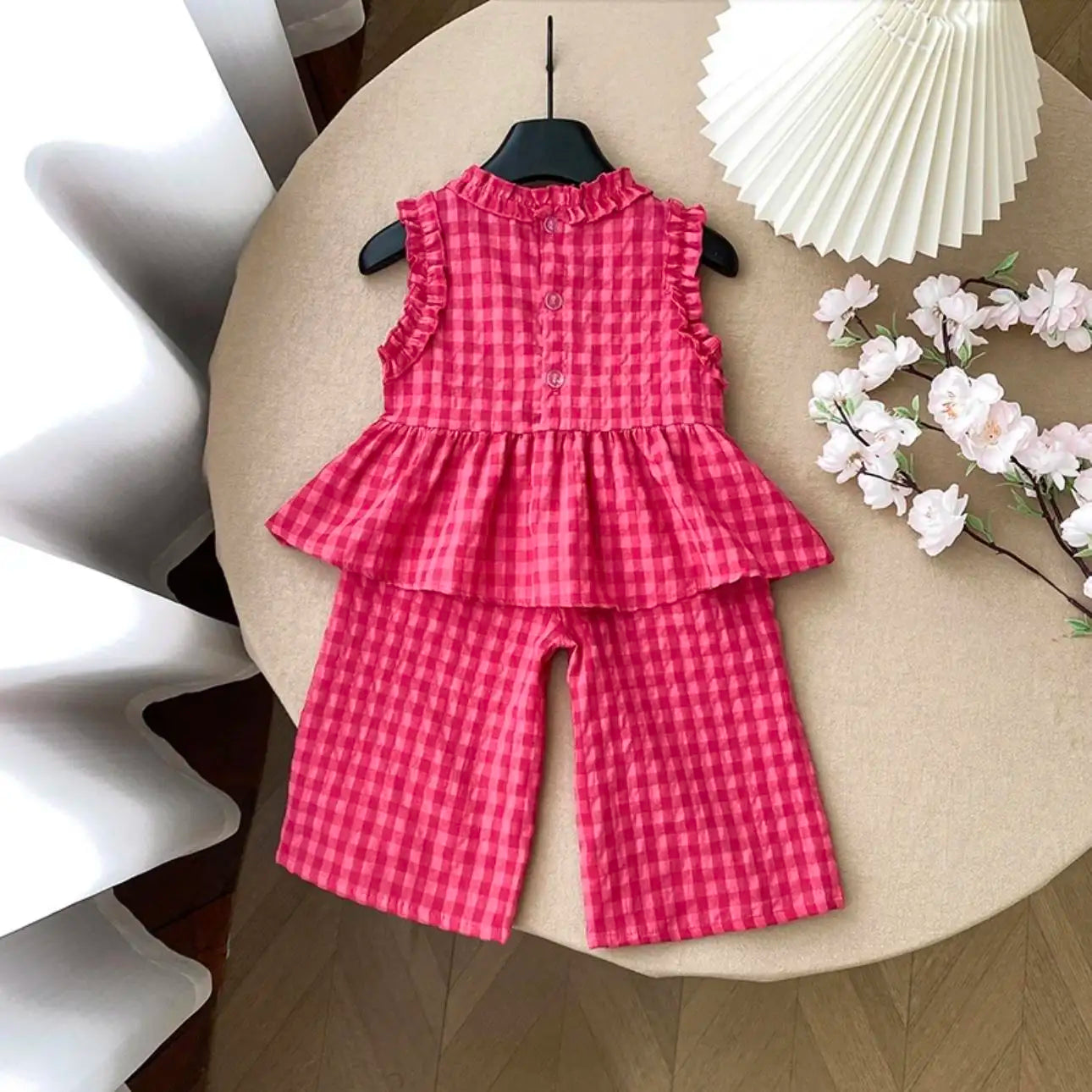 Children's Clothing Sets Plaid Print Lace Sleeveless