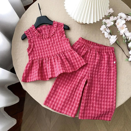 Children's Clothing Sets Plaid Print Lace Sleeveless