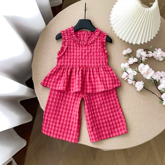 Children's Clothing Sets Plaid Print Lace Sleeveless